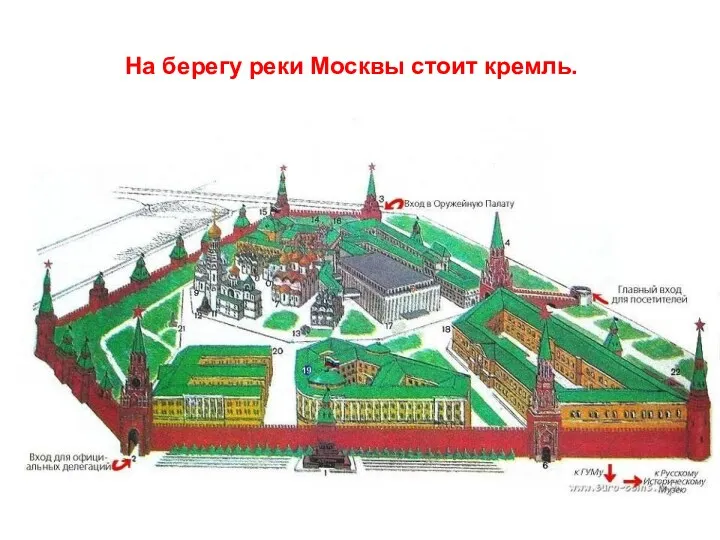 На берегу реки Москвы стоит кремль.