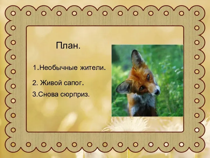 План. 1.Необычные жители. 2. Живой сапог. 3.Снова сюрприз.