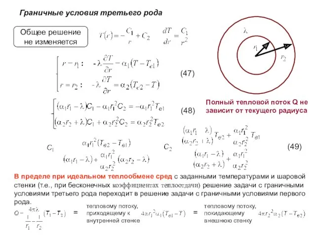 Граничные условия третьего рода Общее решение не изменяется В пределе при идеальном теплообмене