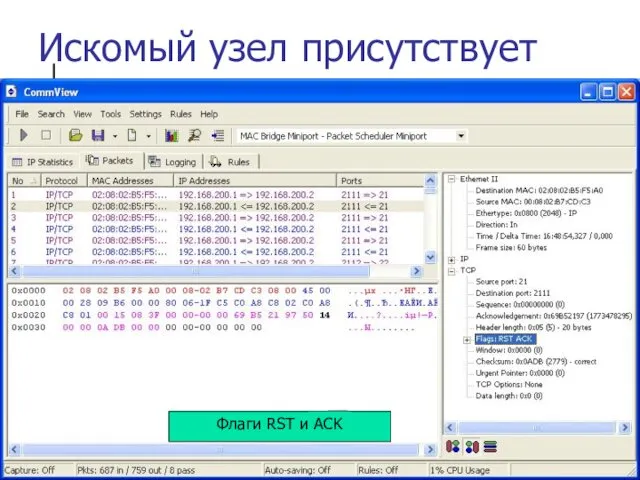 Искомый узел присутствует Флаги RST и ACK