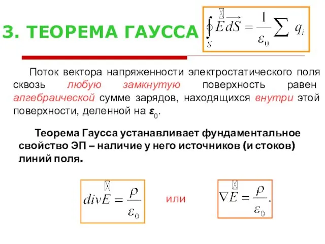 3. ТЕОРЕМА ГАУССА Поток вектора напряженности электростатического поля сквозь любую