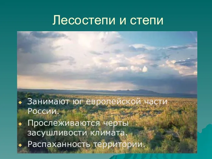 Лесостепи и степи Занимают юг европейской части России. Прослеживаются черты засушливости климата. Распаханность территории.