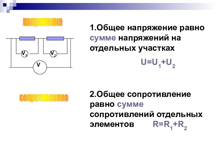 V2 V V1 1.Общее напряжение равно сумме напряжений на отдельных