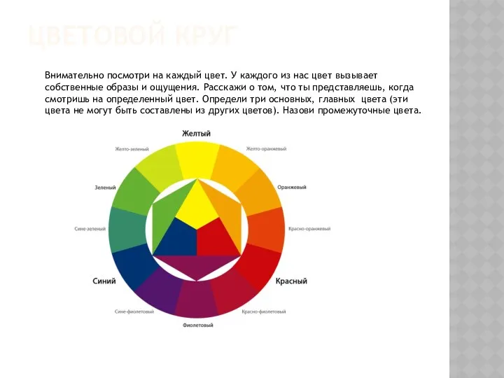 Цветовой круг Внимательно посмотри на каждый цвет. У каждого из