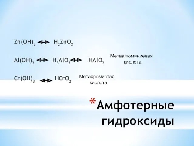 Амфотерные гидроксиды Zn(OH)2 H2ZnO2 Al(OH)3 H3AlO3 HAlO2 Cr(OH)3 HCrO2 Метаалюминиевая кислота Метахромистая кислота