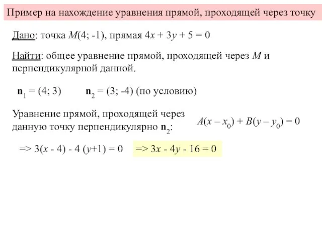 Пример на нахождение уравнения прямой, проходящей через точку Дано: точка M(4; -1), прямая