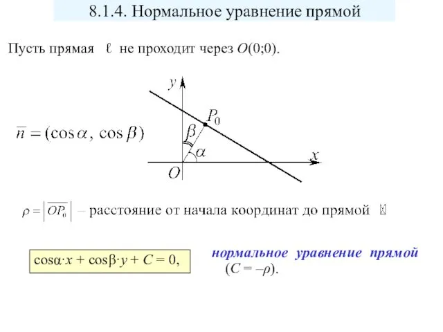 Пусть прямая ℓ не проходит через O(0;0). cosα·x + cosβ·y + C =