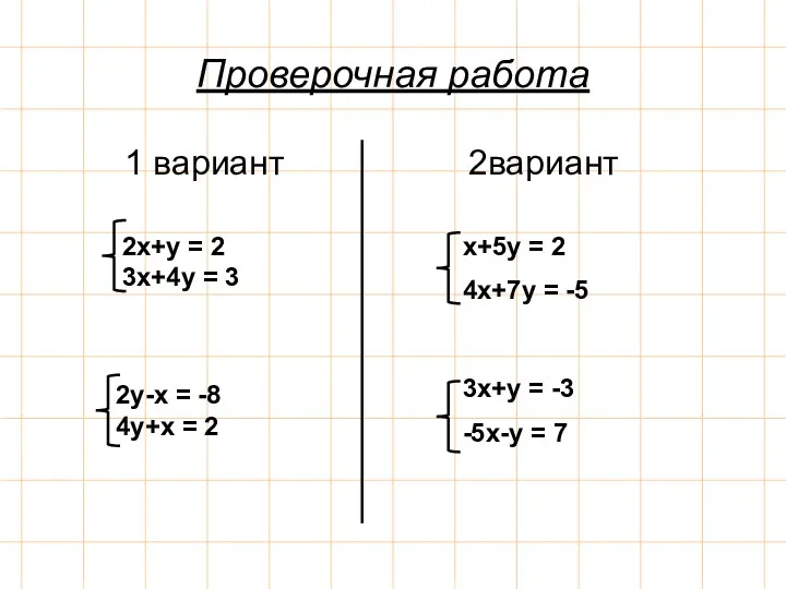 Проверочная работа 1 вариант 2вариант 2x+y = 2 3x+4y = 3 2y-x =