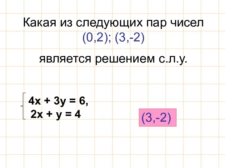 Какая из следующих пар чисел (0,2); (3,-2) является решением с.л.у. 4х + 3у