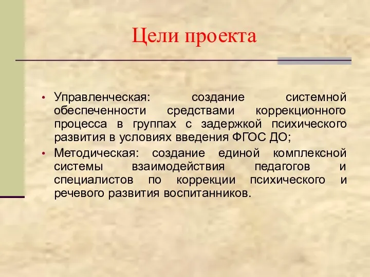 Цели проекта Управленческая: создание системной обеспеченности средствами коррекционного процесса в группах с задержкой