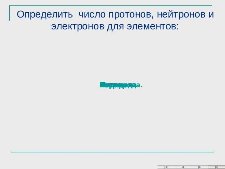 Определить число протонов, нейтронов и электронов для элементов: Водорода. Гелия. Лития. Натрия. Магния. Кислорода. Серы. Кальция