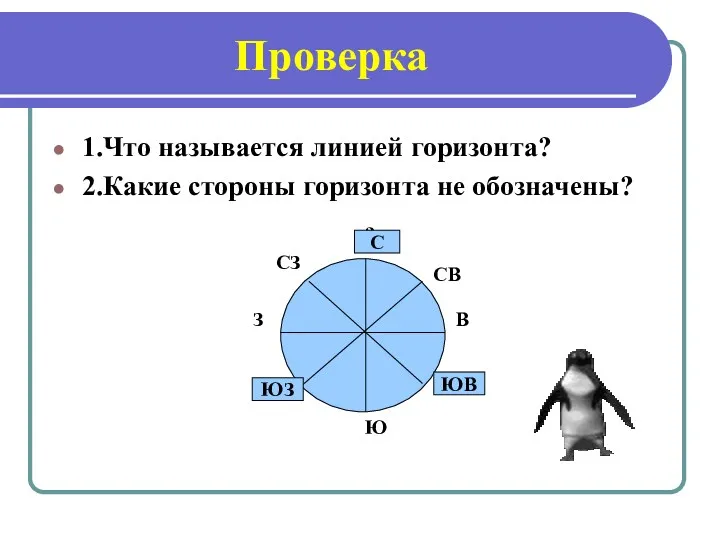 Проверка 1.Что называется линией горизонта? 2.Какие стороны горизонта не обозначены?