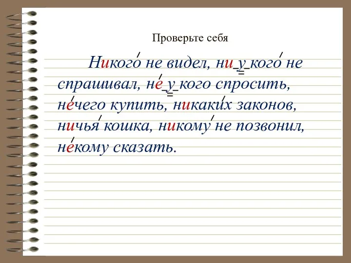 Проверьте себя Никого не видел, ни у кого не спрашивал,