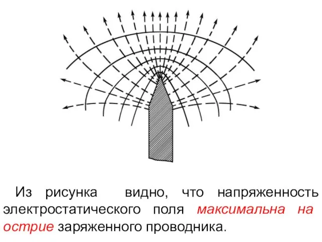 Из рисунка видно, что напряженность электростатического поля максимальна на острие заряженного проводника.