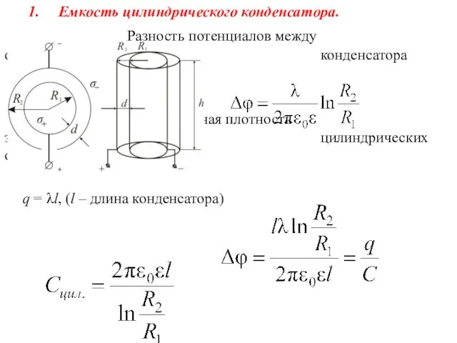 Емкость цилиндрического конденсатора. Разность потенциалов между обкладками цилиндрического конденсатора где λ – линейная