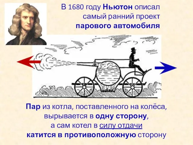 В 1680 году Ньютон описал самый ранний проект парового автомобиля