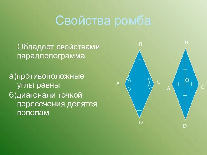 Свойства ромба Обладает свойствами параллелограмма а)противоположные углы равны б)диагонали точкой пересечения делятся пополам