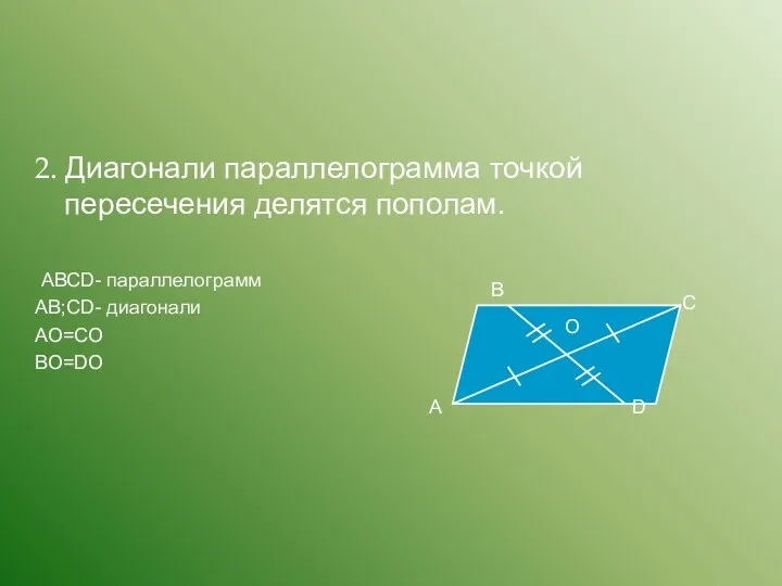 2. Диагонали параллелограмма точкой пересечения делятся пополам. АВСD- параллелограмм АВ;СD- диагонали АО=СО ВО=DО