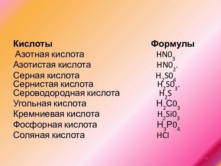 Кислоты Формулы Азотная кислота HN03 Азотистая кислота HN02. Серная кислота H2S04 Сернистая кислота