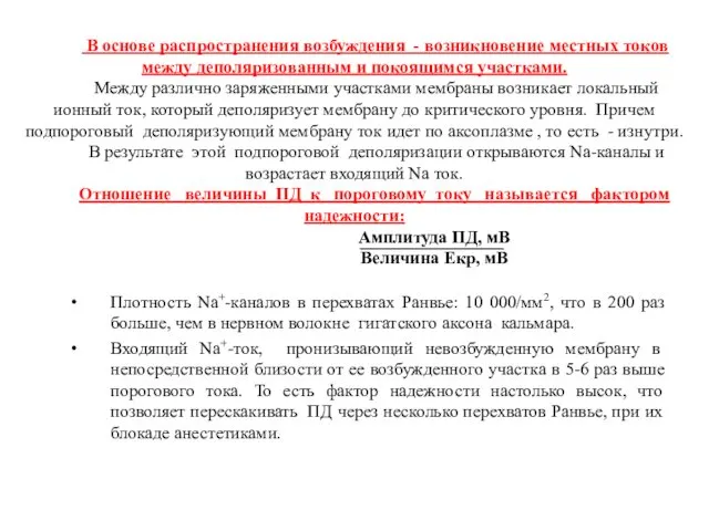 В основе распространения возбуждения - возникновение местных токов между деполяризованным