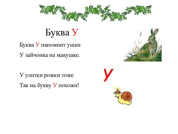 Буква У Буква У напомнит ушки У зайчонка на макушке. У улитки рожки