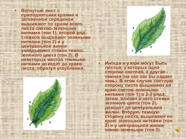 Вогнутый лист с приподнятыми краями и затененной серединой вышивают по