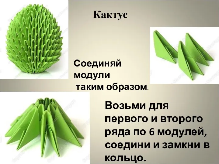 Кактус Соединяй модули таким образом. Возьми для первого и второго ряда по 6