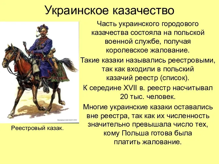 Украинское казачество Часть украинского городового казачества состояла на польской военной