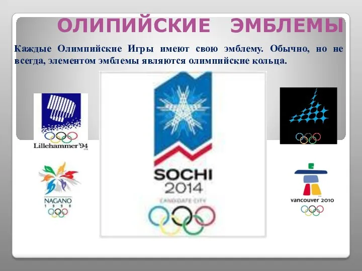 Каждые Олимпийские Игры имеют свою эмблему. Обычно, но не всегда, элементом эмблемы являются
