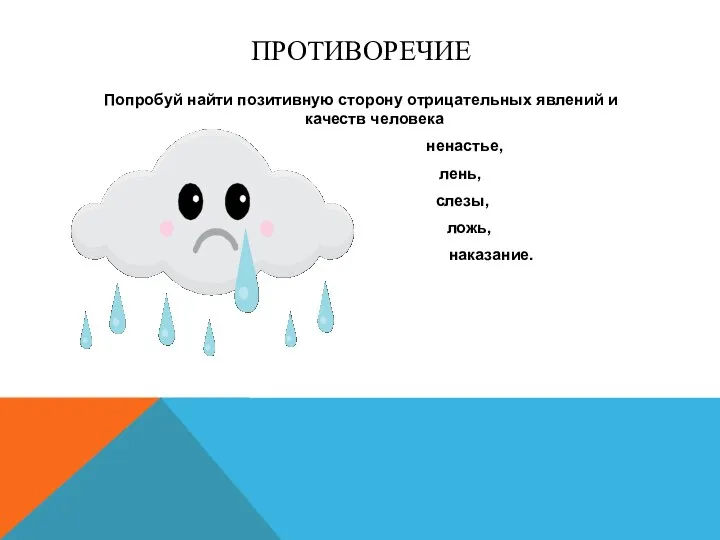 Противоречие Попробуй найти позитивную сторону отрицательных явлений и качеств человека ненастье, лень, слезы, ложь, наказание.