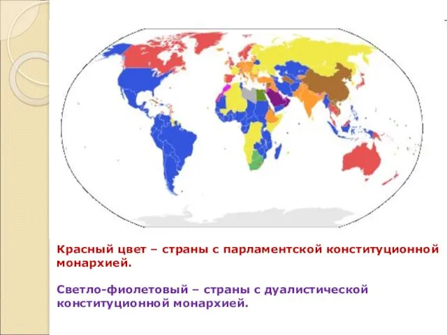 Красный цвет – страны с парламентской конституционной монархией. Светло-фиолетовый – страны с дуалистической конституционной монархией.
