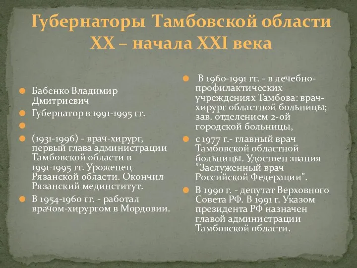 Бабенко Владимир Дмитриевич Губернатор в 1991-1995 гг. (1931-1996) - врач-хирург,