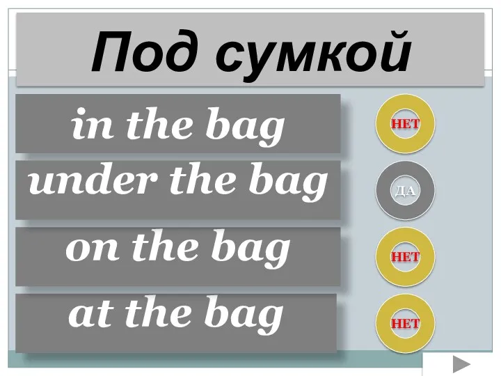 in the bag at the bag on the bag under the bag НЕТ