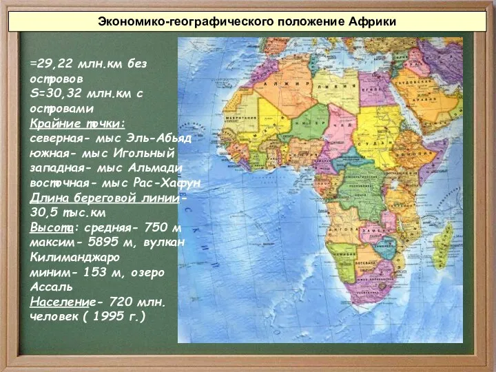 Экономико-географического положение Африки =29,22 млн.км без островов S=30,32 млн.км с островами Крайние точки: