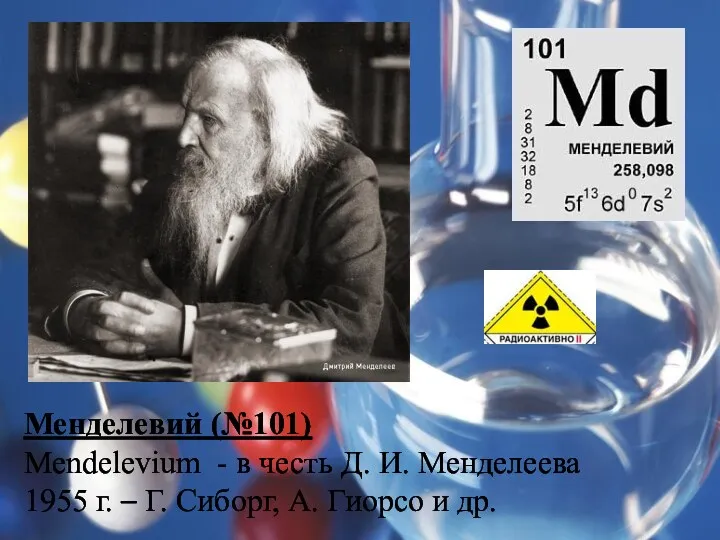 Менделевий (№101) Mendelevium - в честь Д. И. Менделеева 1955