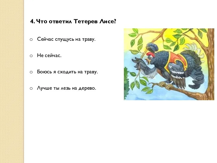 4. Что ответил Тетерев Лисе? Сейчас спущусь на траву. Не