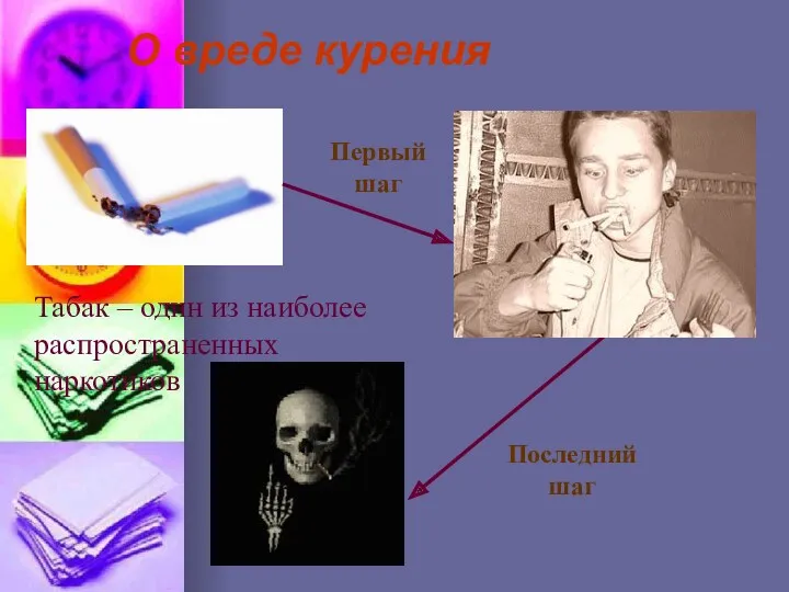 О вреде курения Табак – один из наиболее распространенных наркотиков Первый шаг Последний шаг