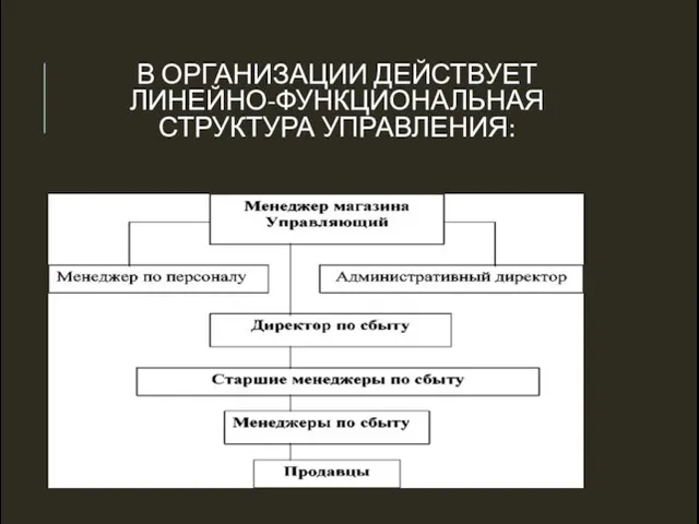 В ОРГАНИЗАЦИИ ДЕЙСТВУЕТ ЛИНЕЙНО-ФУНКЦИОНАЛЬНАЯ СТРУКТУРА УПРАВЛЕНИЯ: