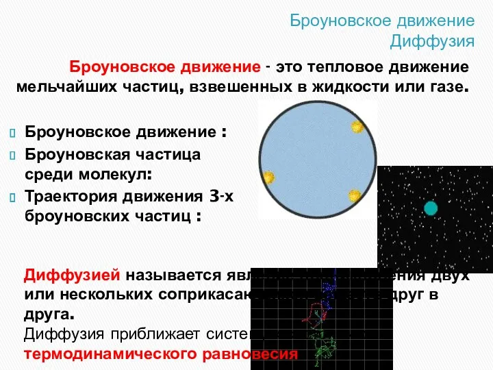 Броуновское движение Диффузия Броуновское движение - это тепловое движение мельчайших