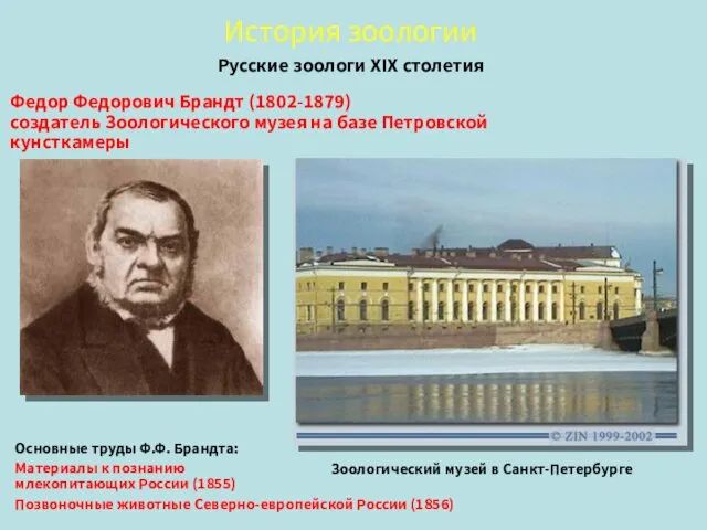 Русские зоологи XIX столетия Федор Федорович Брандт (1802-1879) создатель Зоологического музея на базе