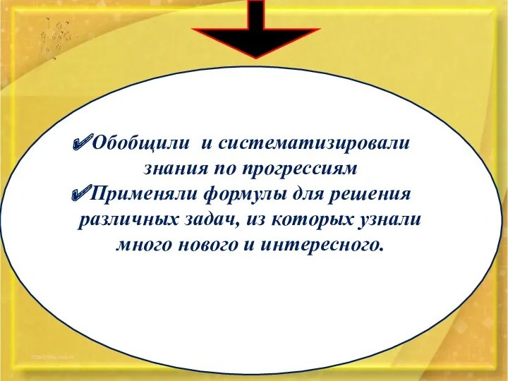 Обобщили и систематизировали знания по прогрессиям Применяли формулы для решения