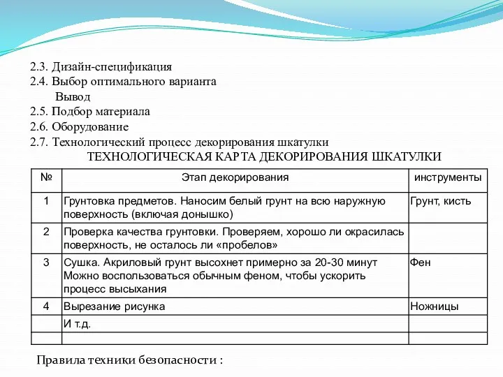 2.3. Дизайн-спецификация 2.4. Выбор оптимального варианта Вывод 2.5. Подбор материала