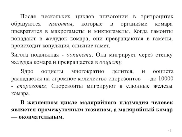 После нескольких циклов шизогонии в эритроцитах образуются гамонты, которые в