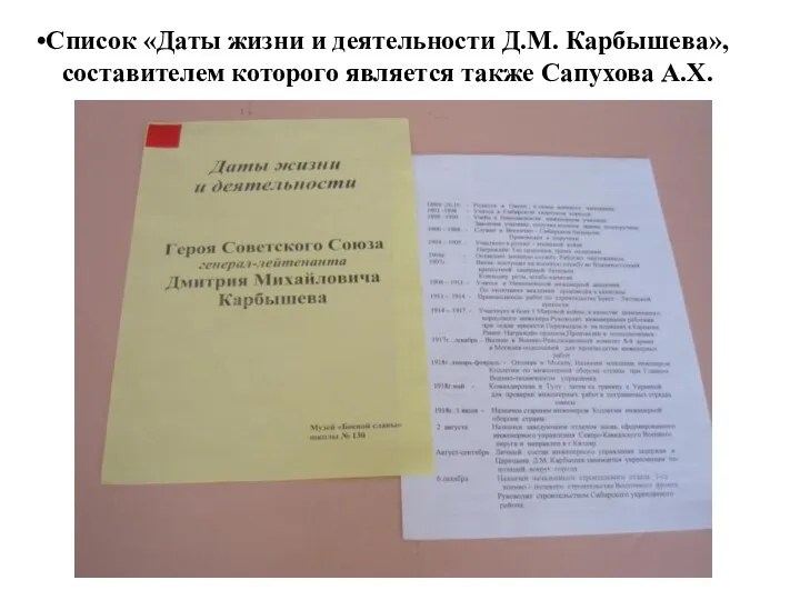 Список «Даты жизни и деятельности Д.М. Карбышева», составителем которого является также Сапухова А.Х.