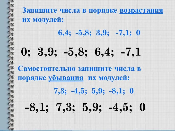 Запишите числа в порядке возрастания их модулей: 6,4; -5,8; 3,9;