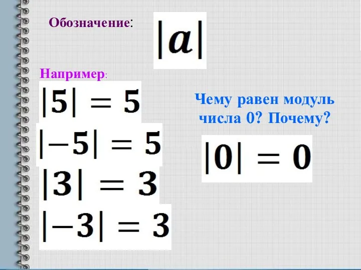 Обозначение: Например: Чему равен модуль числа 0? Почему?