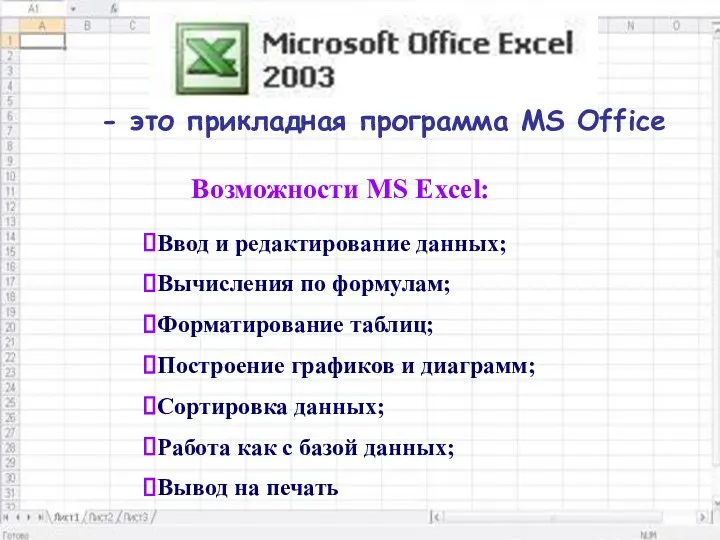 - это прикладная программа MS Office Возможности MS Excel: Ввод