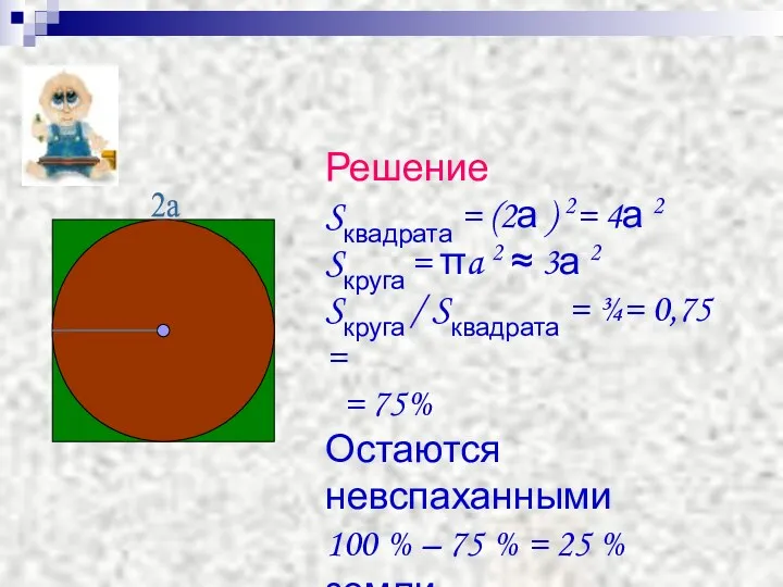 Решение Sквадрата = (2а ) 2= 4а 2 Sкруга =