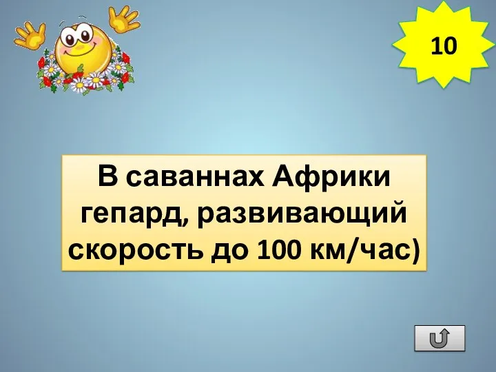 Где обитает самое быстрое животное суши? В саваннах Африки гепард, развивающий скорость до 100 км/час) 10