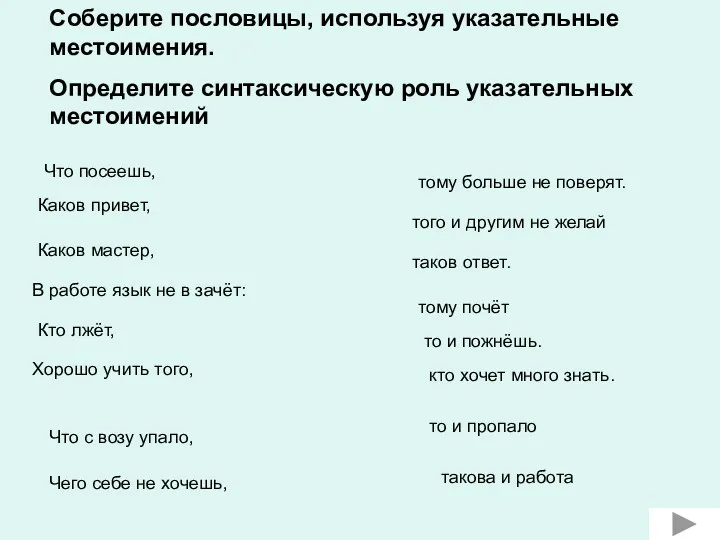 Соберите пословицы, используя указательные местоимения. Определите синтаксическую роль указательных местоимений